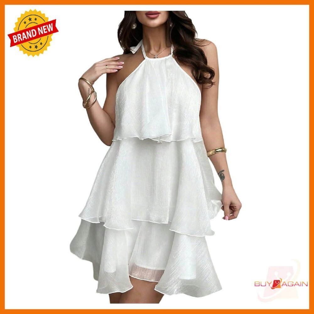 Sleeveless Halter Backless Chiffon Mini Dress Tiered Ruffle Hem